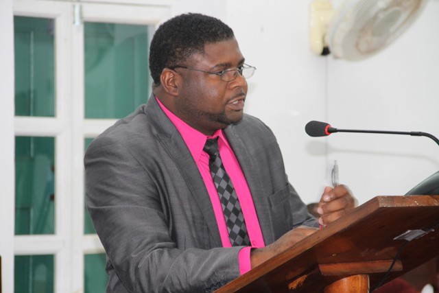 Hon. Troy Liburd, Junior Minister in the Ministry of Communication and Works in the Nevis Island Administration making his presentation at a sitting of the Nevis Island Assembly on July 12, 2016